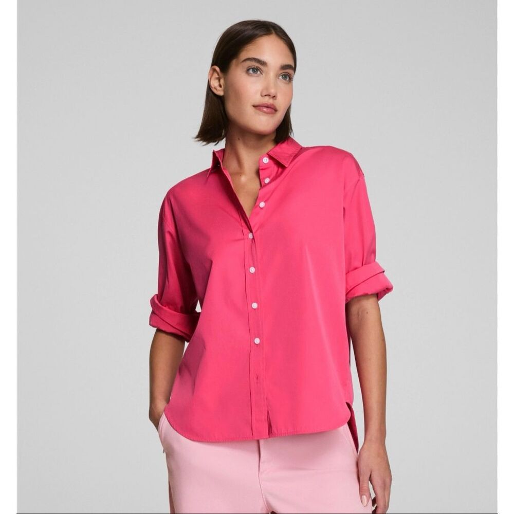 Spanx Poplin Relaxed Fit Button-Up Shirt Pink Size S